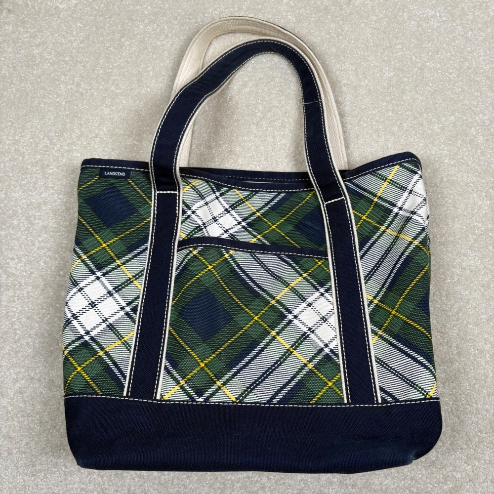 Lands End Canvas Tote Bag Green Navy Plaid Tartan Large Open Top‎ Prep Carryall